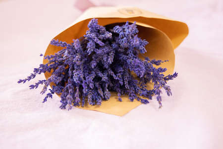 Lavender flowers on light background with copy space. Bouquet of violet flower with space for text.の写真素材