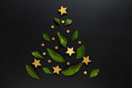 Christmas tree made of green leaves and golden stars, on black background. Flat lay, top view, copy space. New Year sale card. Minimal creative conceptの写真素材