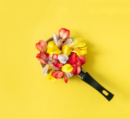 Flower petal in skillet on yellow background.の写真素材