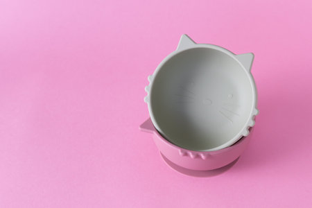Set of kids bowls. Baby eco silicone tableware. Nutrition and feeding concept. Baby led weaning. top viewの写真素材