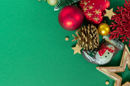 Christmas, valentines, new year 2023 concept. Top view of different christmas toy. Red and green colors.Flat lay, present box, top view.の写真素材