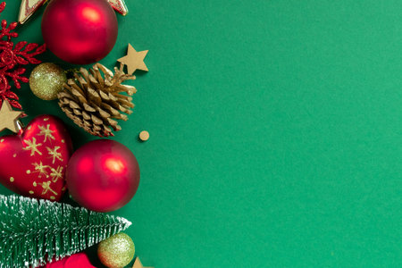 Christmas, valentines, new year 2023 concept. Top view of different christmas toy. Red and green colors.Flat lay, present box, top view.の写真素材