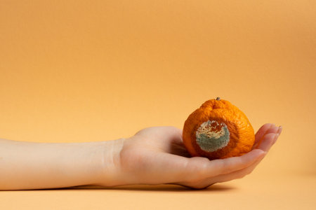 Moldy orange. Rottan moldy fruit. Mould, mildew covered foods. Concept of stop food waste day.の写真素材