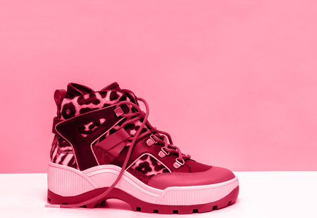 Women boots magenta color, trendy fashionable shoesの写真素材
