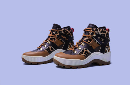 Women shoes brown leopard print on blue background. Modern autumn winter female boots. shopping concept.の写真素材