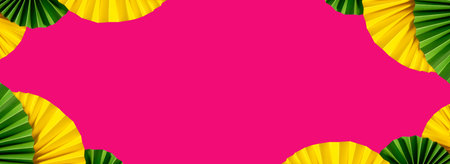 Purim festive traditional color background banner. Abstract shiny background gold, green, pink. Paper fans purim celebration.の写真素材