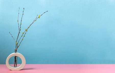 Gypsum vase with sprout fresh leaves. on pastel pink and blue background. Springtime. Spring conceptの写真素材