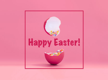 Broken decorative easter egg with colorful confetti. Minimal composition, vivid magenta color pastel pink background. Text Happy Easter.の写真素材
