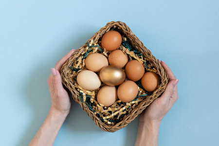 Gift basket with easter eggs. Women hands holding golden and natural color eggsin basket. Top view on pastel blue backgroundの写真素材