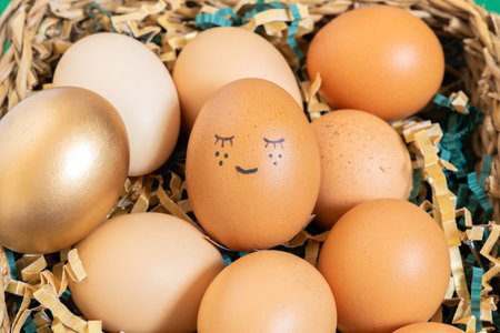 Close up of easter eggs with funny face natural and gold in basket with paper filler.の写真素材