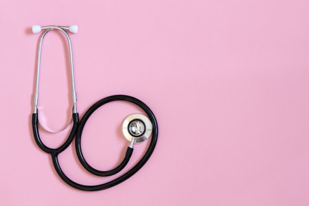 Stethoscope, medical equipment. International nurses week. Congratulation for nurse day, space for textの写真素材