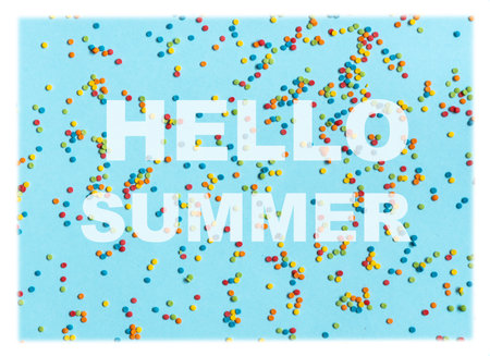 Text Hello summer on blue background with colorful dots. Bright and positiveの写真素材