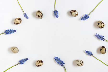 Easter quail eggs and fresh spring flowers. White textile background. Happy easter concept, top view, space for text.の写真素材