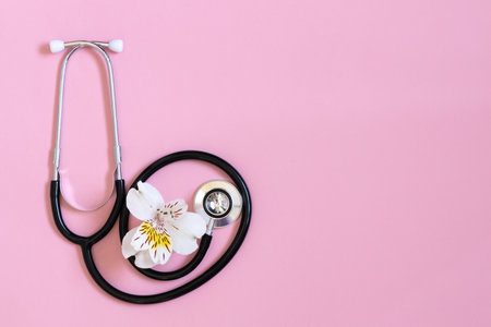 International nurses week. Congratulation for nurse day, space for text. Medical equipment stethoscope.の写真素材
