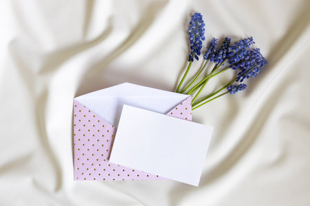 Pink envelope with blank card and muscari flower on white background. Top view.の写真素材
