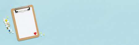 Banner for doctors day, medics day on blue background. Prescription for medication, Nurses week. Congratulation for nurse day, space for textの写真素材