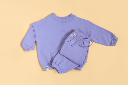 Stylish lilac childrens spring, autumn sport costume. Soft touch, warm joggers and sweatshirt. Fashion kids outfit for spring, autumn and winter. Flat lay, top view.の写真素材