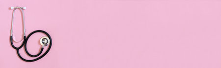 Medicine banner, stethoscope on pink background. International nurses week. Congratulation for nurse day, space for text.の写真素材