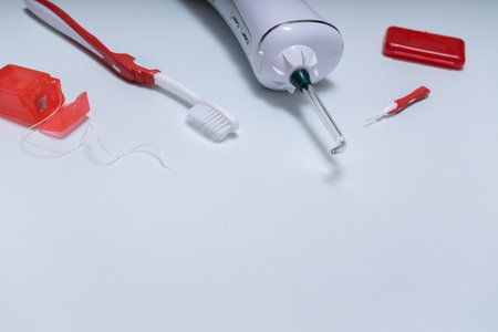 Dental care kit: irrigator, toothbrush, dental flossの写真素材