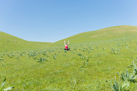 Person sitting in the field, with rising hands. Green field and blue sky view.の写真素材