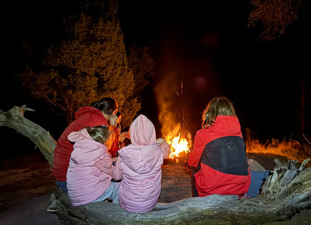Family sit together by a campfire at night. The warm glow of the fire creates a cozy atmosphere. Captured from behind, faces are not visible.の写真素材