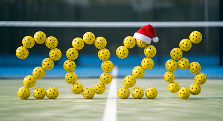 Creative 2026 numbers made from padel and pickleball equipment with Santa hat on number six on blurred court background, festive sporty concept for New Year and holidayの素材