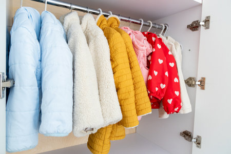 Close up view of warm childrens outerwear showing detail of colorful winter jackets and coats, seasonal clothing for kidsの写真素材