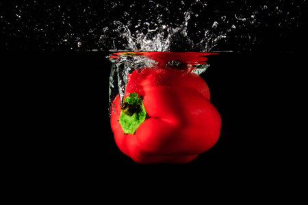 A red pepper dropped into water with a splash and air bubblesの写真素材