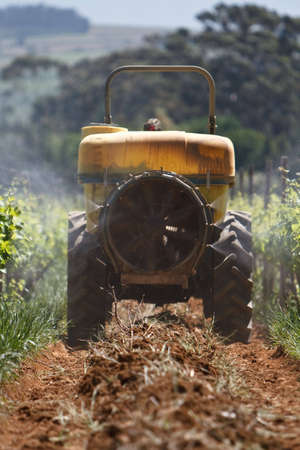 Tractor spraying the vineyards for insects in Stellenboschの写真素材