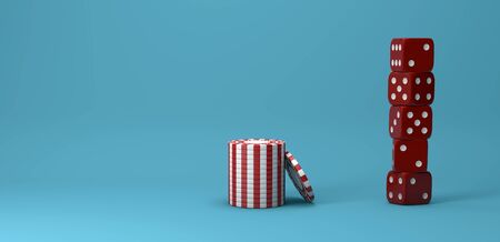 Casino theme. white with red playing chips with plastic dices on blue background, 3d illustration.の写真素材