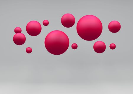 Plastic red balls flying on grey background, 3d illustration.の写真素材