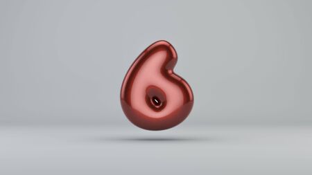 Glossy paint number 6. 3D render of bubble font with glint isolated on white background.の写真素材