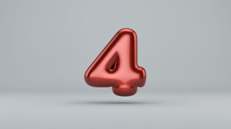Glossy paint number 4. 3D render of bubble font with glint isolated on white background.