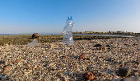 Plastic bottle on the shore against the backdrop of a coral reef at low tide. Environmental hazard