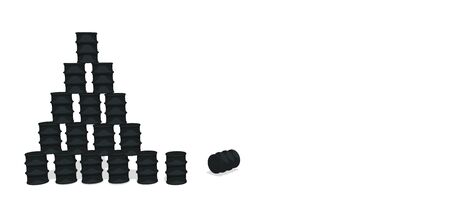 Pyramid of oil barrels with one inverted barrel, industry collapse white background. 3D illustration. copy space.の写真素材