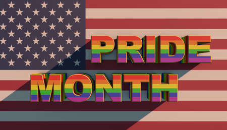 Pride Month inscription in the colors of the LGBT flag on the background of the American flag. celebration of equality and acceptance. 3D renderingの写真素材