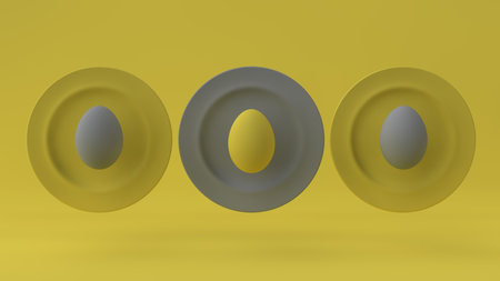 Illuminating and Ultimate Gray background. gray eggs on a yellow background. 3d renderingの写真素材