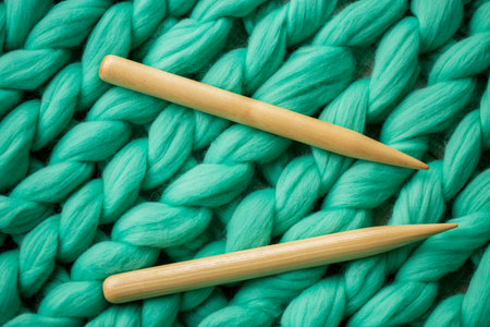 Two wooden knitting needles lie on a green chunky knitted merino woolの写真素材