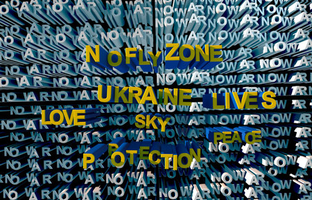 Ukraine The inscription fly zone, sky, peace, lives, protection in the colors of the countrys flag against the background of no war 3d renderingの写真素材