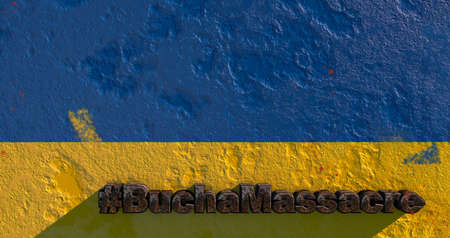 The inscription in rusty letters BuchaMassacre on the Ukrainian flag. Russian aggression 3d reneringの写真素材