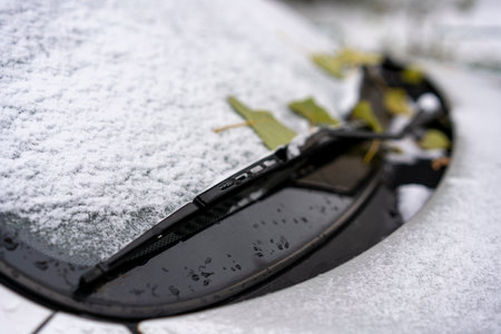 After an unexpected snowfall in the fall, the glass and the car in the snowの写真素材