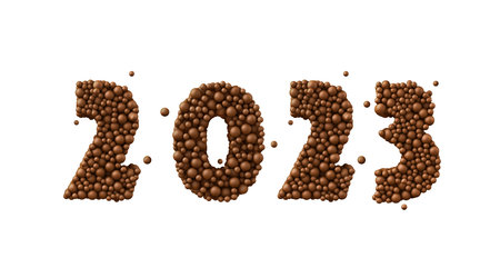 Happy New 2023 Year. Holiday made of chocolate bubbles, milk chocolate concept, 3d illustrationの写真素材