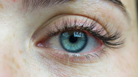 Close-up shot of a blue eye on the face of a beautiful girl with frecklesの写真素材