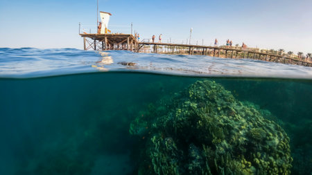 View of the pier with tourists on a sunny day Underwater split shot photosの写真素材