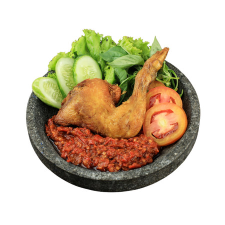 Ceramic mortar and pestle with grilled chicken and vegetables on white backgroundの写真素材