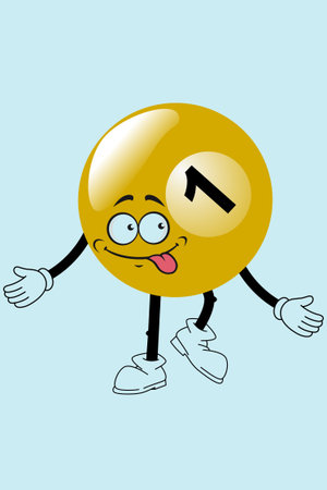 Cartoon yellow billiard ball with funny face. Vector illustration.