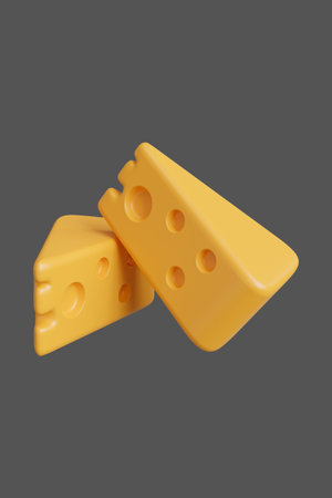 Two slices of cheese isolated on grey background. 3d illustration.の写真素材
