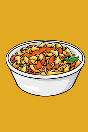 Illustration of a bowl of pasta with tomato sauce on a yellow backgroundの写真素材
