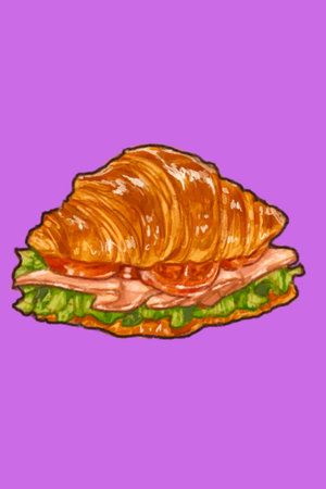 Croissant sandwich hand drawn illustration, isolated on purple background.の写真素材