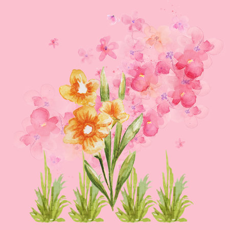 Watercolor illustration of a bouquet of flowers on a pink backgroundの写真素材